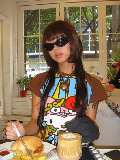 Y2K Sanrio Hello Kitty New Anime Fashion Short Tops Summer Cute Tees Cartoon Printed High Street Gothic Short Hottie T-shirts