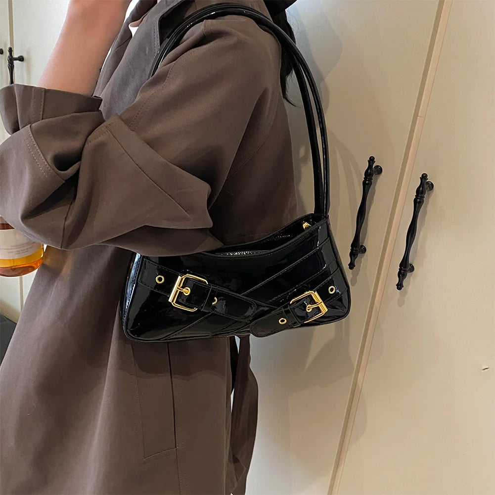 MOJOYCE Small Belt Design Glossy Patent Leather Shoulder Bags Women Luxury Brand Tote Handbag Y2K Underarm Bag with Inner Pocket