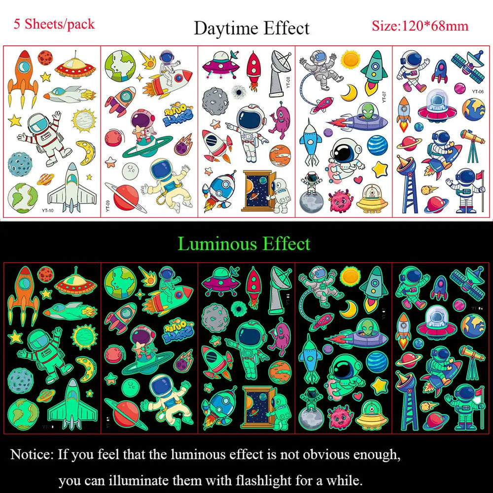 5 Sheets Luminous Tattoo Stickers Colorful Animal Mermaid Dinosaur Temporary Tattoos for Hand  Body Fake Tattoo Waterproof