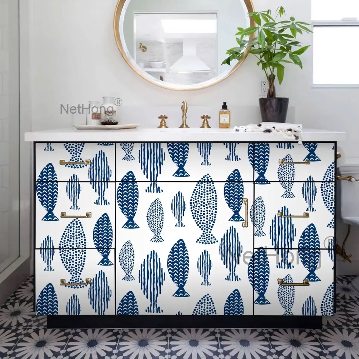 6M Vinyl Geometric small fish pattern Wallpaper Stickers Self Adhesive Contact Paper Waterproof