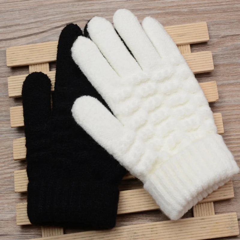 Winter Children Knitted Gloves Thick Woolen Kids Five Fingers Glove 8-15year Boy Girl Baby Hand Warmer Black White Fleece Mitten