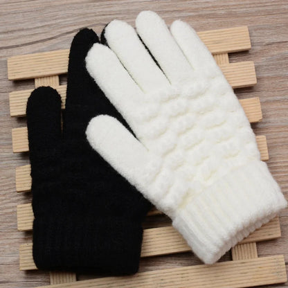 Winter Children Knitted Gloves Thick Woolen Kids Five Fingers Glove 8-15year Boy Girl Baby Hand Warmer Black White Fleece Mitten