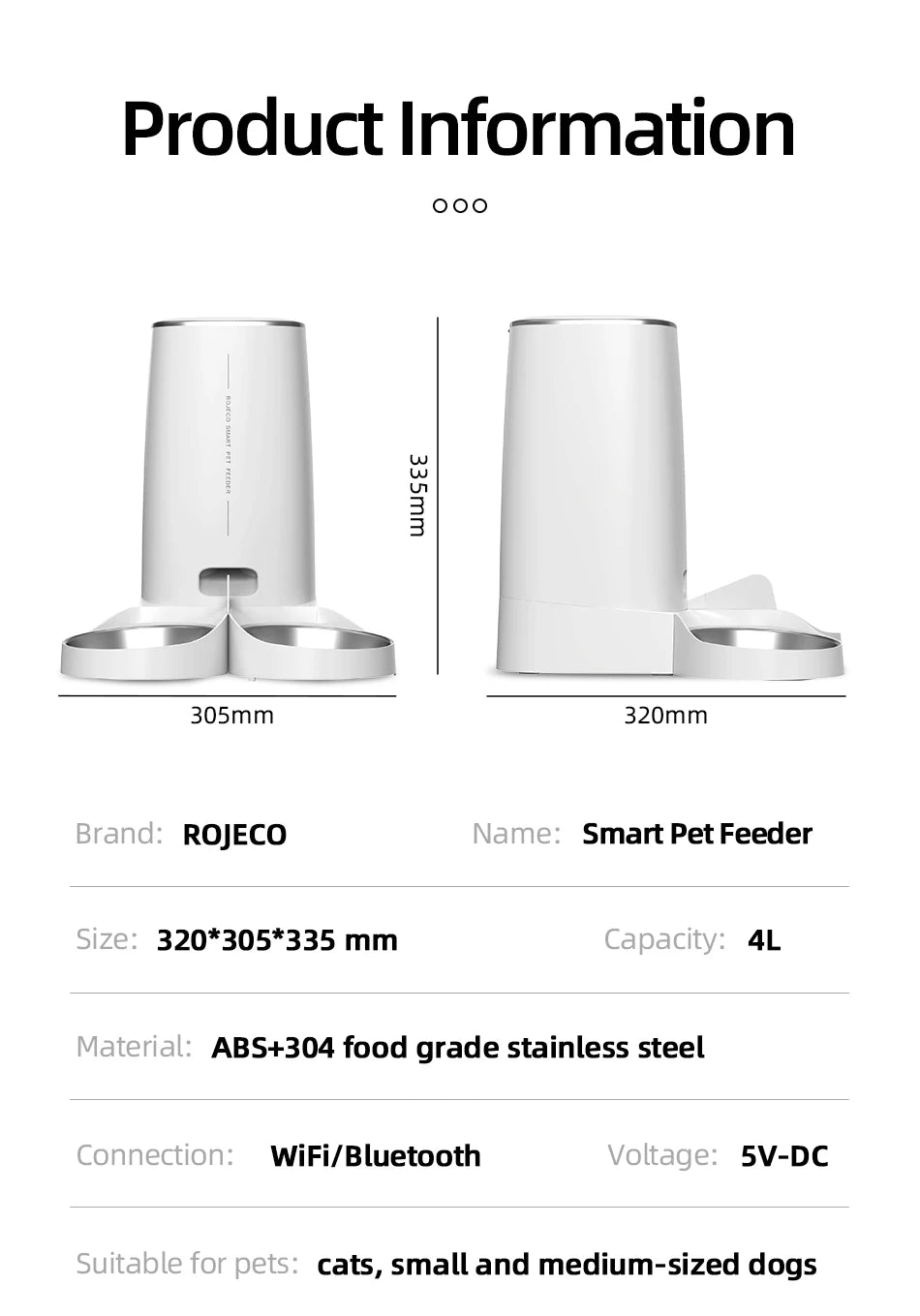 ROJECO WiFi Smart Pet Feeder — Automatic Cat & Dog Food Dispenser with App Control