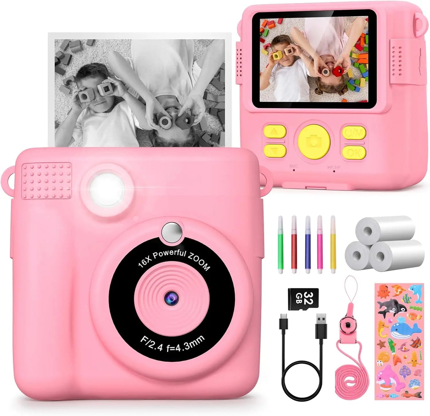 Kids Digital Camera 2.4" 1080P HD Video Camera Portable Instant Print Camera with 32GB Card, Birthday Gift for Boys Girls 3-12