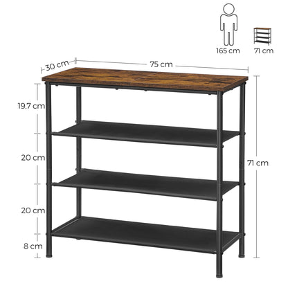 VASAGLE Shoe Rack 4 Tier, Narrow Shoe Storage Organiser, with 3 Fabric Shelves and Top for Bags, Steel Frame