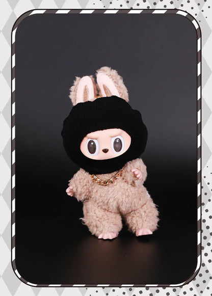 For Labubu Clothes Accessories Trendy Cool Cute Fun and Funny Style Black Knit Hat and Necklace Street Fashion Doll Accessories