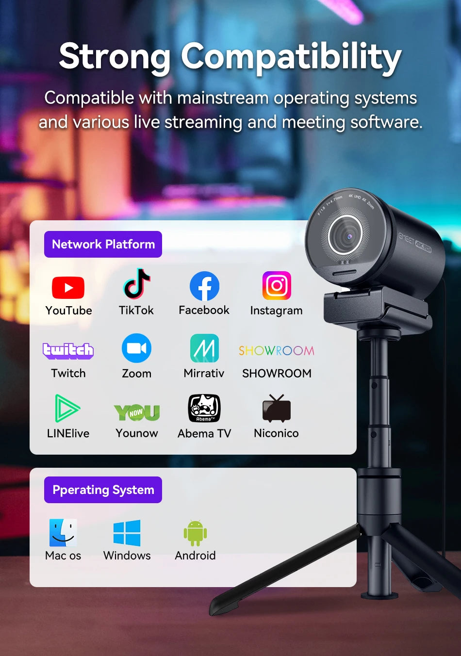 4K Webcam UHD Web Camera HDR Streaming Video Camera With Sony Sensor EMEET S800 USB Webcam With Dual Noise Cancelling Mics