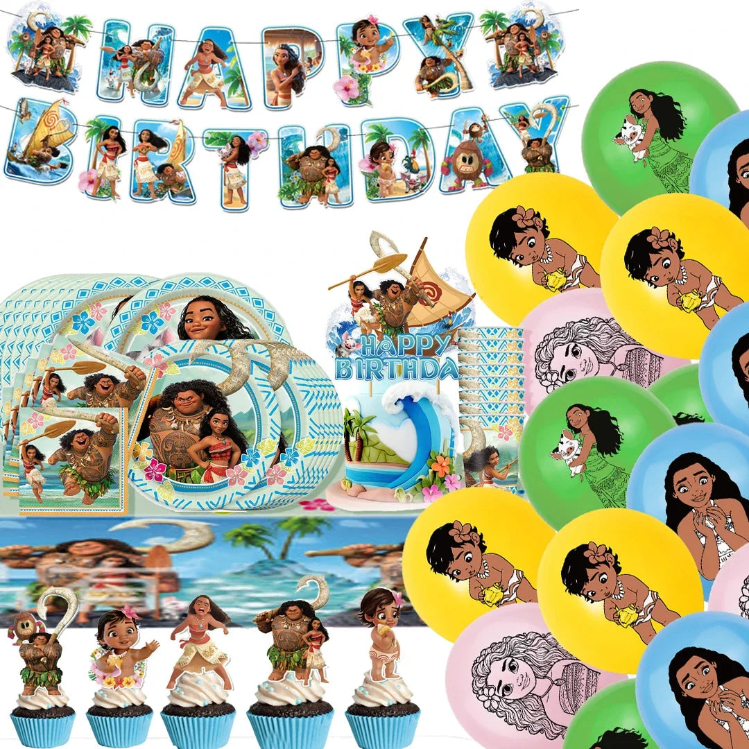 Cute movie Moana series Birthday Party dinnerware Disposable Banner Cake Topper Hanging Flag Moana Balloons Birthday Decoration