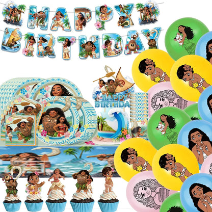 Cute movie Moana series Birthday Party dinnerware Disposable Banner Cake Topper Hanging Flag Moana Balloons Birthday Decoration