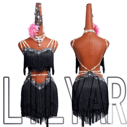 New professional Latin dance competition performance dress with sea blue tassel short open waist sparkling diamond dance skirt