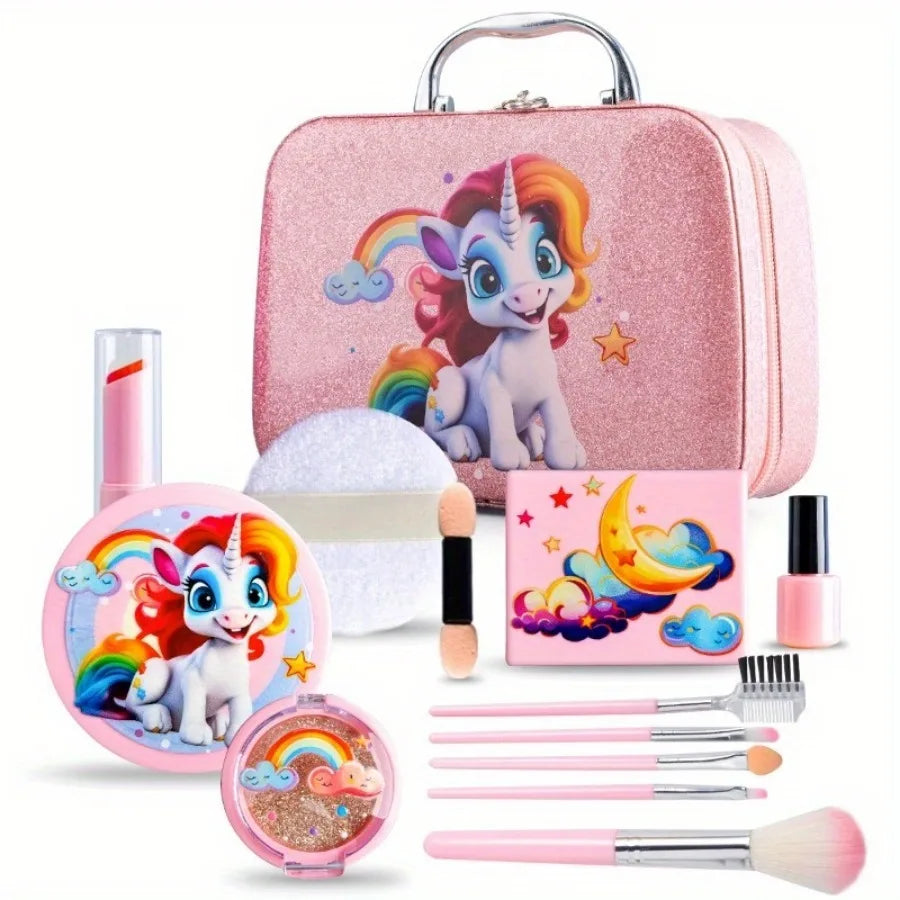 Girl Pink Unicorn Makeup Set with Box - Plastic Cosmetic Set, Non-Edible Toy Beauty Tools, Dress up Travel Bags, Birthday, Christmas, Halloween, Modern Style, Ideal Gift Boxed