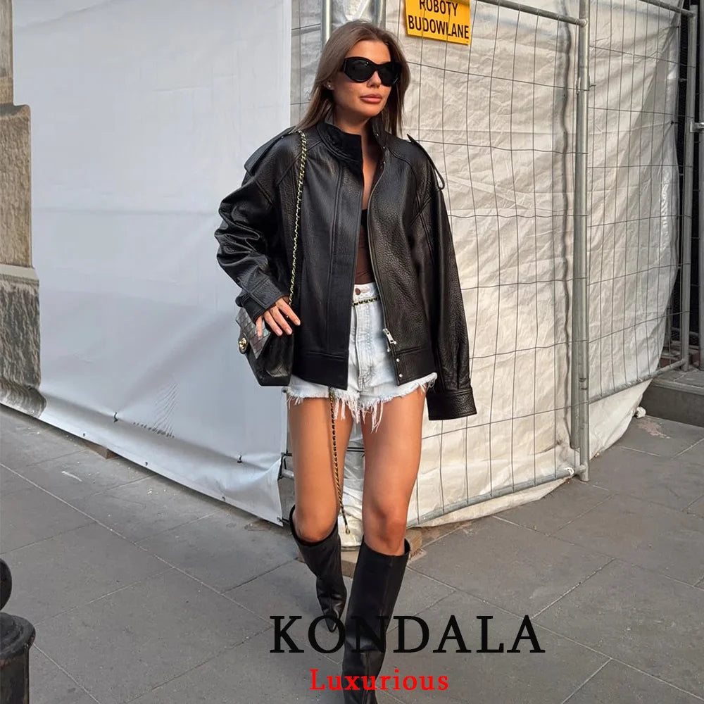 KONDALA Casual Chic Black Leather Jackets Women Long Sleeve Buttons Elastic Oversized Coats Fashion 2026 Spring Streetwear Coats