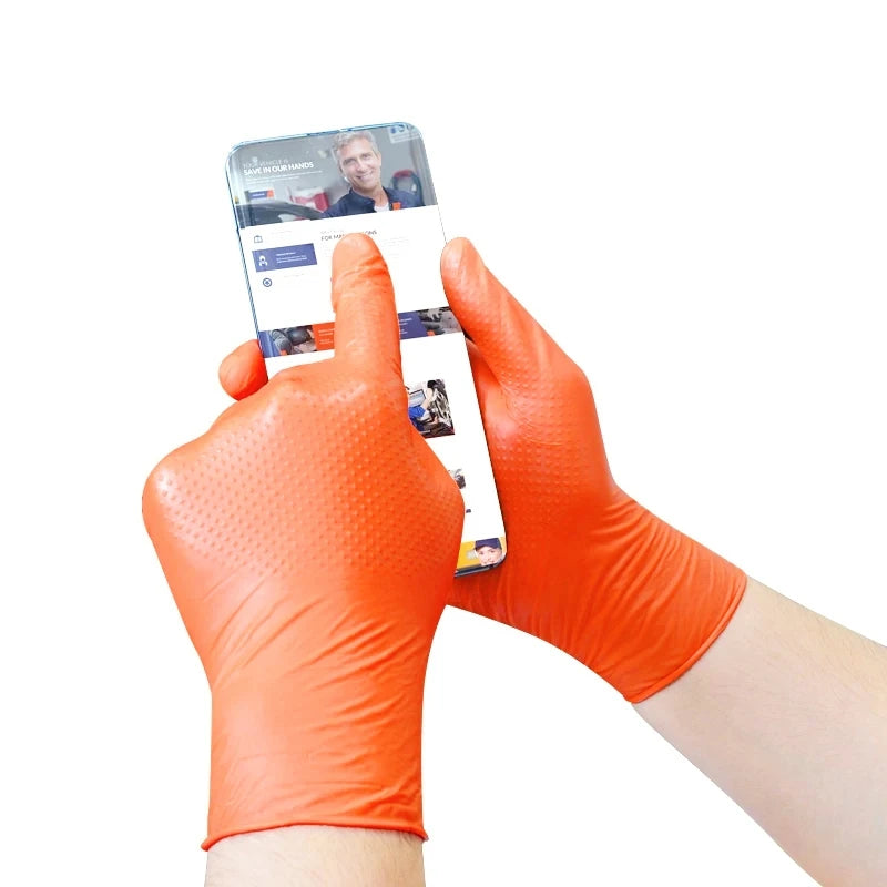Heavy Duty Orange Nitrile Gloves 8Mil Industrial Disposable Gloves with Diamond Textured Grip for Mechanic Safety & Work Gloves