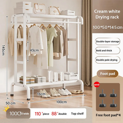 Movable Coat Rack With Universal Wheels Multifunctional Double-deck Simple Clothes Hanger Floor-Standing Bedroom Wardrobe