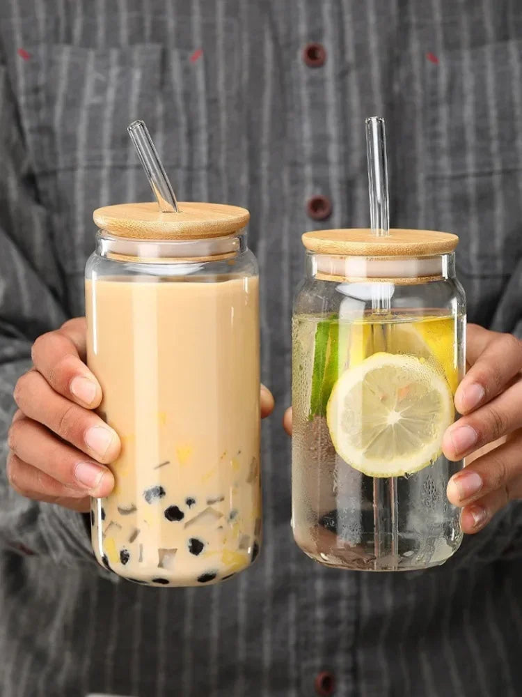 Glass Straw Cup with Dustproof Wooden Lid Heat-resisting Transparent Glass Bottle Breakfast Cola Milk Drinking Cups Holiday Gift