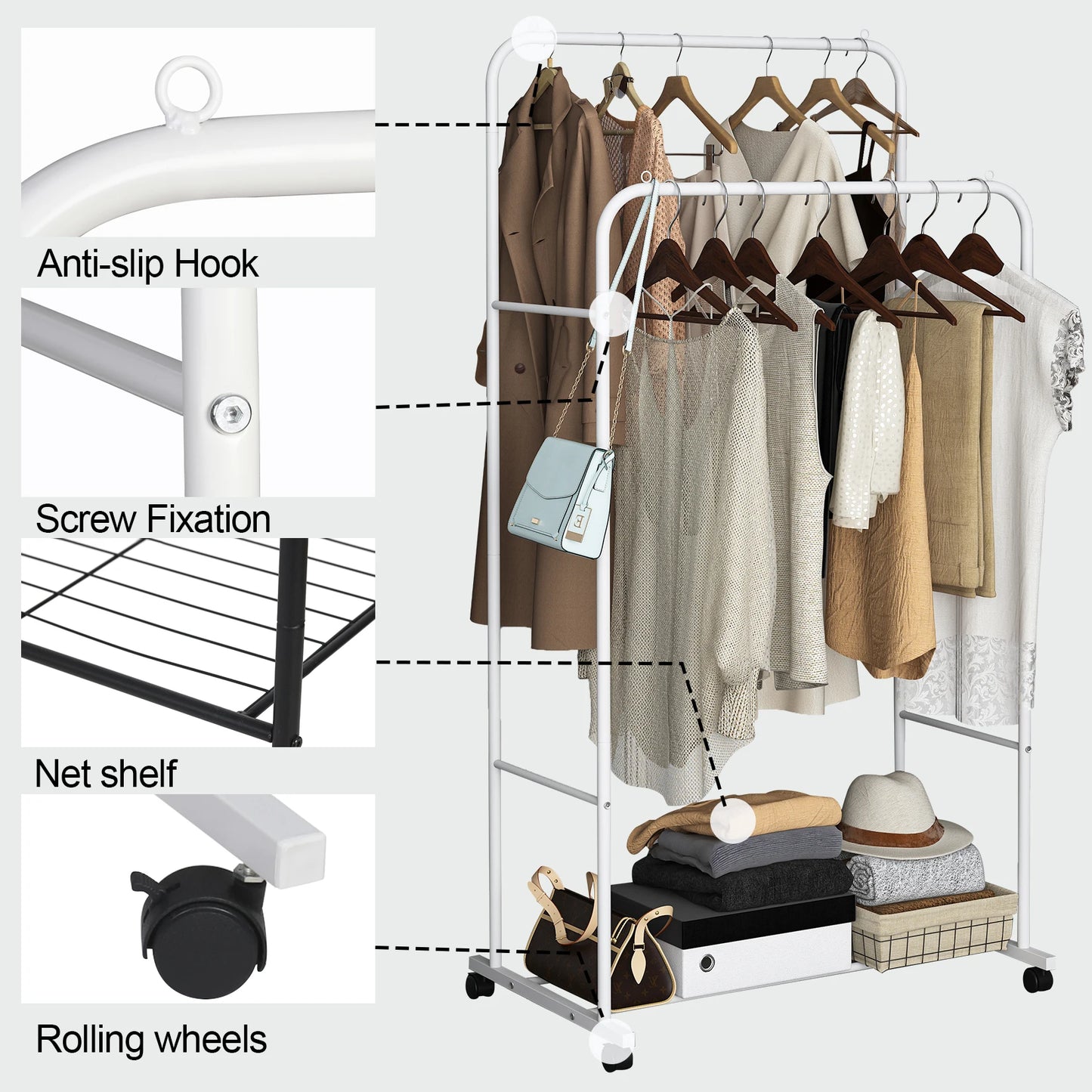Super Strong Metal Clothing Garment Rack Cloth Hanger Display Rack Stand with Wheel and Storage Two Top Rod