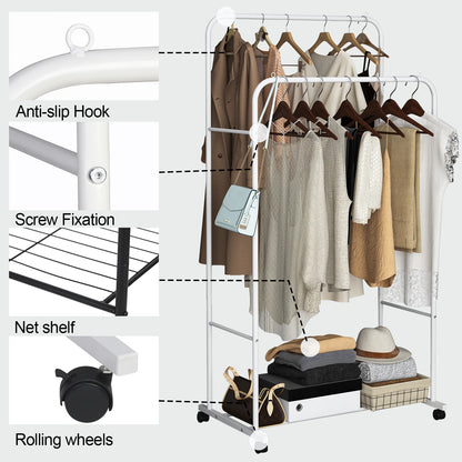 Super Strong Metal Clothing Garment Rack Cloth Hanger Display Rack Stand with Wheel and Storage Two Top Rod