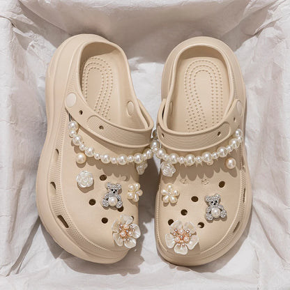 Pearl Chain Chunky Platform Sandals Women 2025 Summer Thick Bottom Beach Clogs Shoes Woman Fashion Flower Decor EVA Garden Shoes