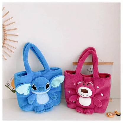 Disney 2025 New Cartoon Plush Doll Shoulder Bag Sweet and Cute Stitch Strawberry Bear Soft Cute Girls Handbag