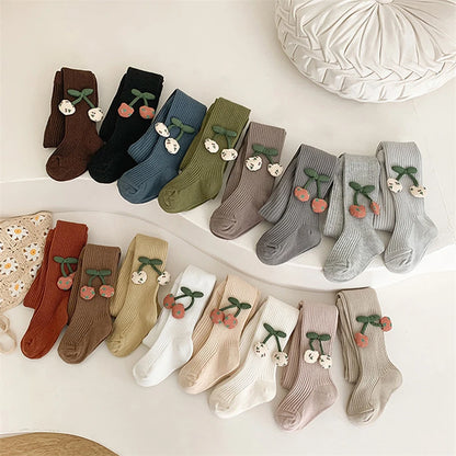 Girls Cotton Tights with Cherry Pattern - Soft Pantyhose for Kids Ages 2-10 Years