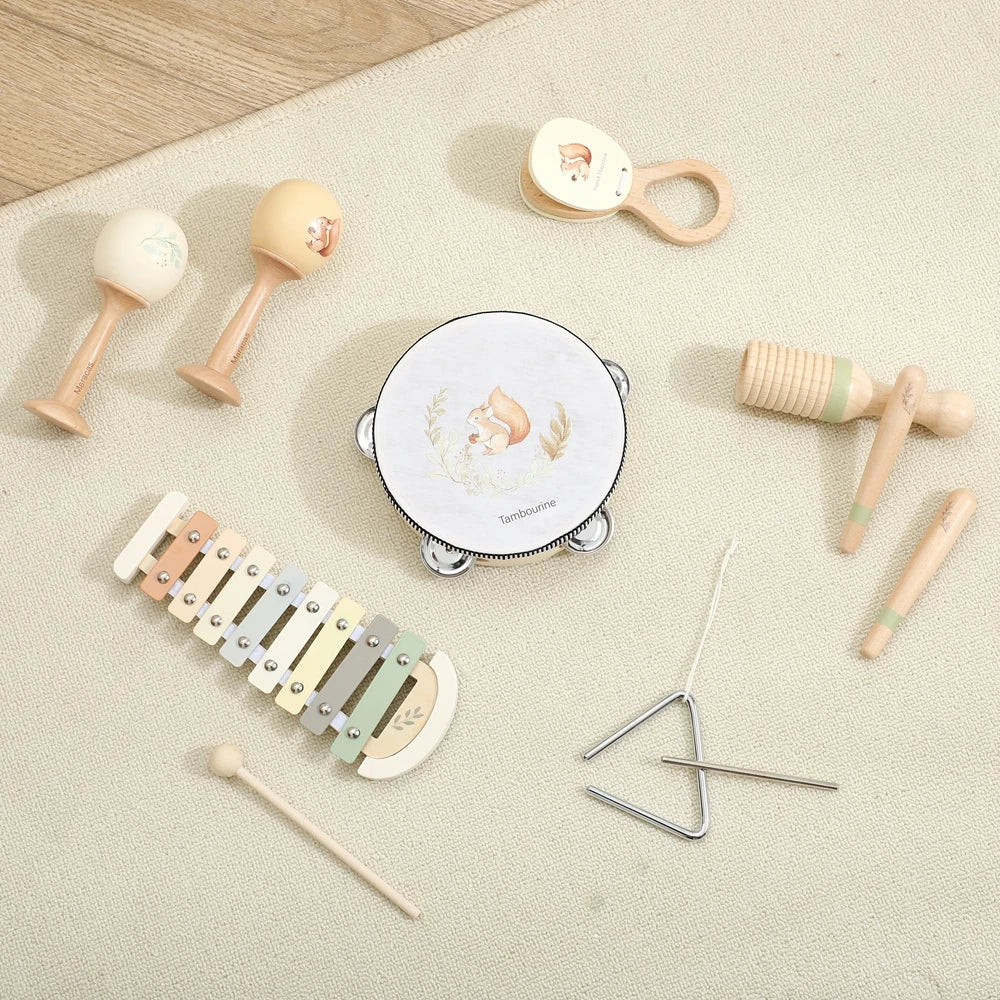 Music Toys Baby Wooden Montessori Toys Children Music Instrument Squirrel Maracas Drum Xylophone Early Education Sensor Toys Set