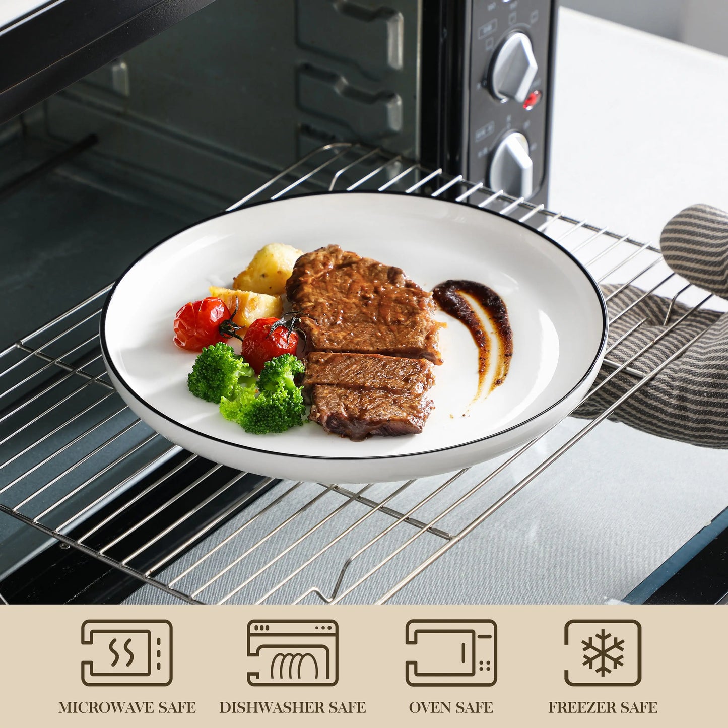 MALACASA 24/48-teiliges Keramikteller-Set mit schwarzem Rand, Porzellan-Geschirrset, 6/12-teilig, Abendessen-/Suppen-/Dessertteller/Schüsselservice für 6/12