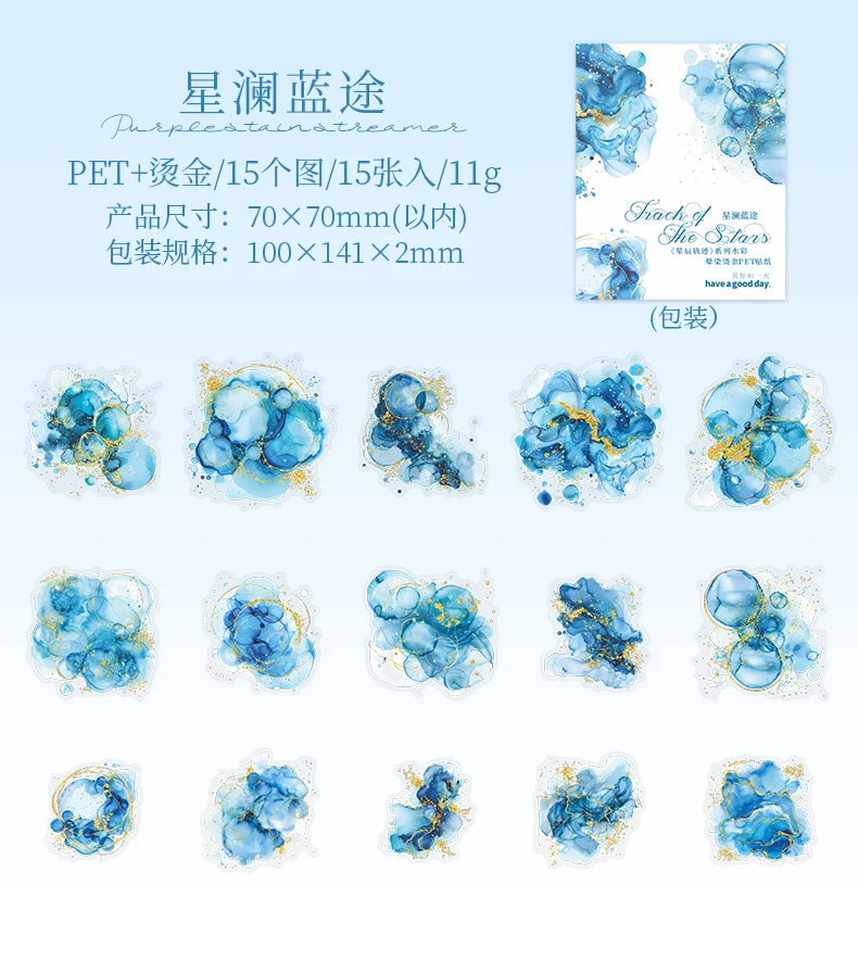 15 Pcs Creative Watercolor smudging hot stamping Stickers hand tent DIY Stick Labels Scrapbooking Material Junk Journal Supplies