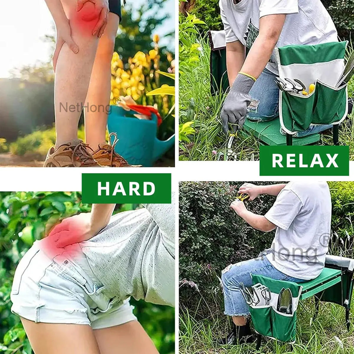 Garden Kneeler 2-In-1 Folding Gardening Padded Seat And Kneeling Stool Tool Bag~