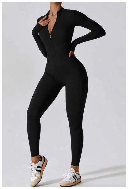 Women's Zipper Yoga Jumpsuit - Long Sleeve Workout Bodysuit for Gym & Fitness