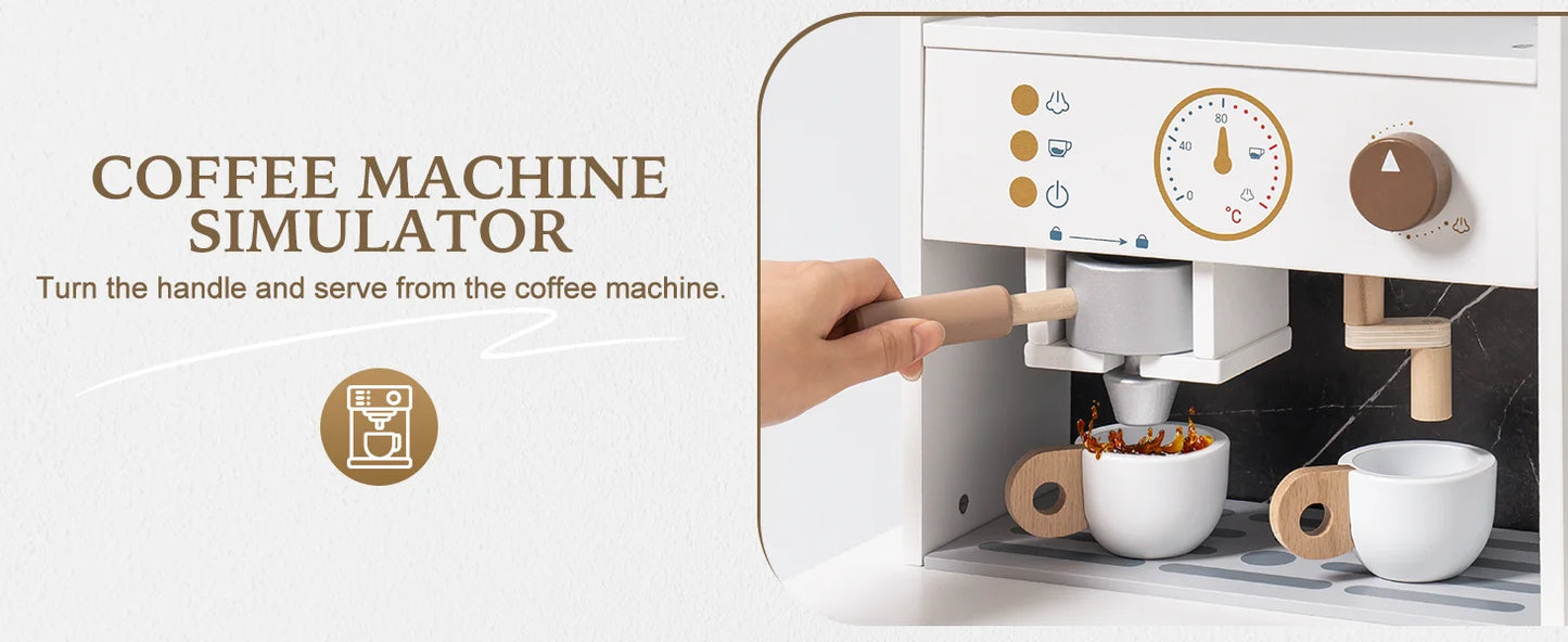 ROBOTIME Wooden Play Kitchen Toy Kitchen Set with Ice Maker and Coffee Machine Realistic Kitchen Set Gift for Toddlers