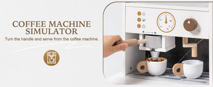 ROBOTIME Wooden Play Kitchen Toy Kitchen Set with Ice Maker and Coffee Machine Realistic Kitchen Set Gift for Toddlers