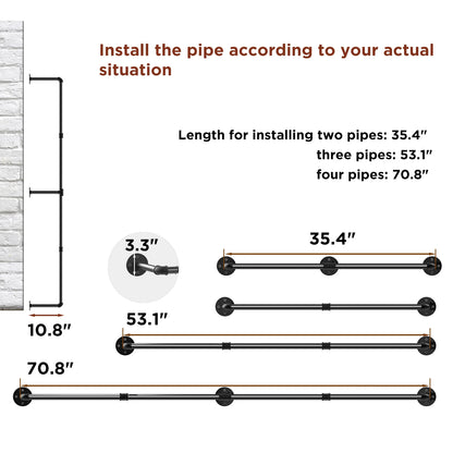 70.8 Inch Industrial Pipe Clothing Rack Wall Mounted Clothes Rail Garment Hanging Bar Rod Display Rack Closet Storage