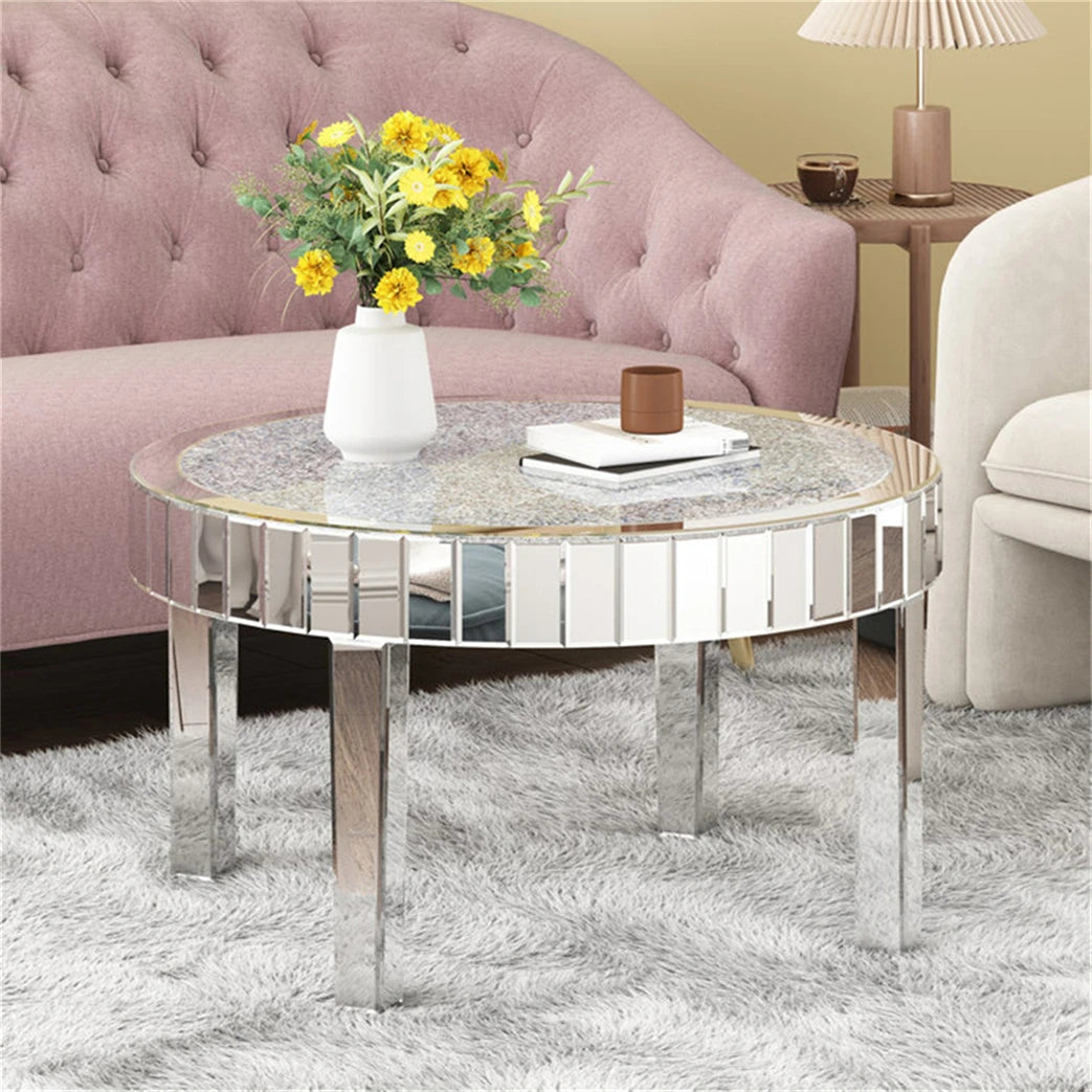 FATIVO Large Round Mirrored Coffee Table Beveled Bling Crushed Diamond End Table