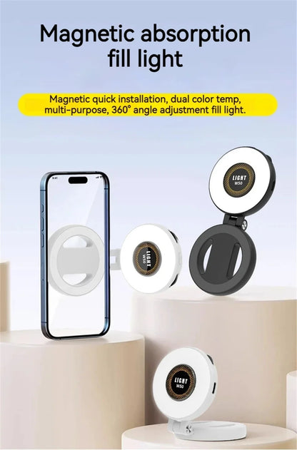 2in1 For Travel, Desktop, Selfies, Video, Makeup Portable Foldable Magnetic Rechargeable Ring Fill Light Phone Holder Perfect