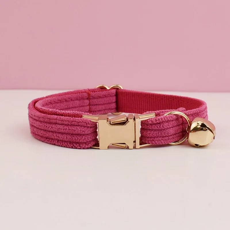 Personalized Corduroy Cat Collar with Engraved Name Plate, Bell & Bow Tie - Custom Breakaway Safety Collar