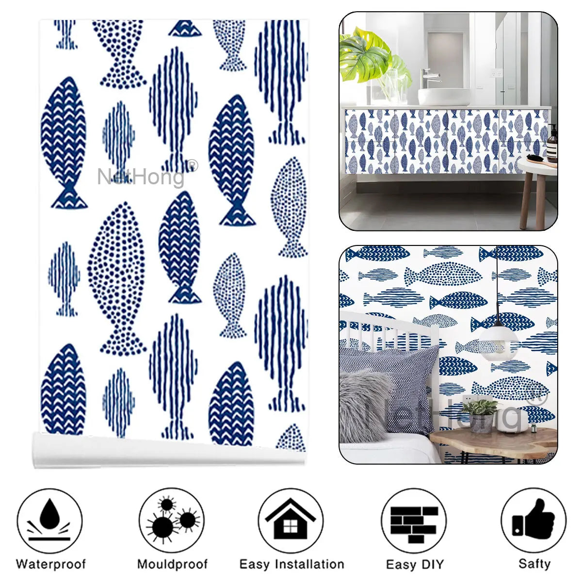 6M Vinyl Geometric small fish pattern Wallpaper Stickers Self Adhesive Contact Paper Waterproof