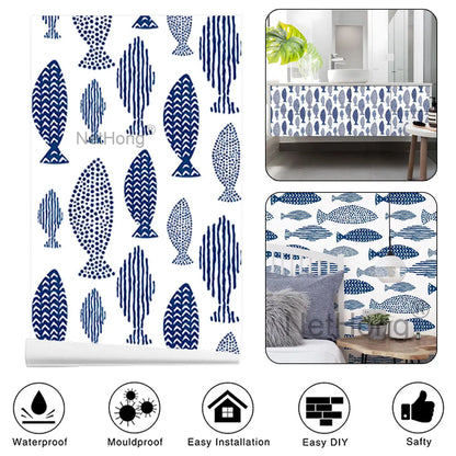 6M Vinyl Geometric small fish pattern Wallpaper Stickers Self Adhesive Contact Paper Waterproof