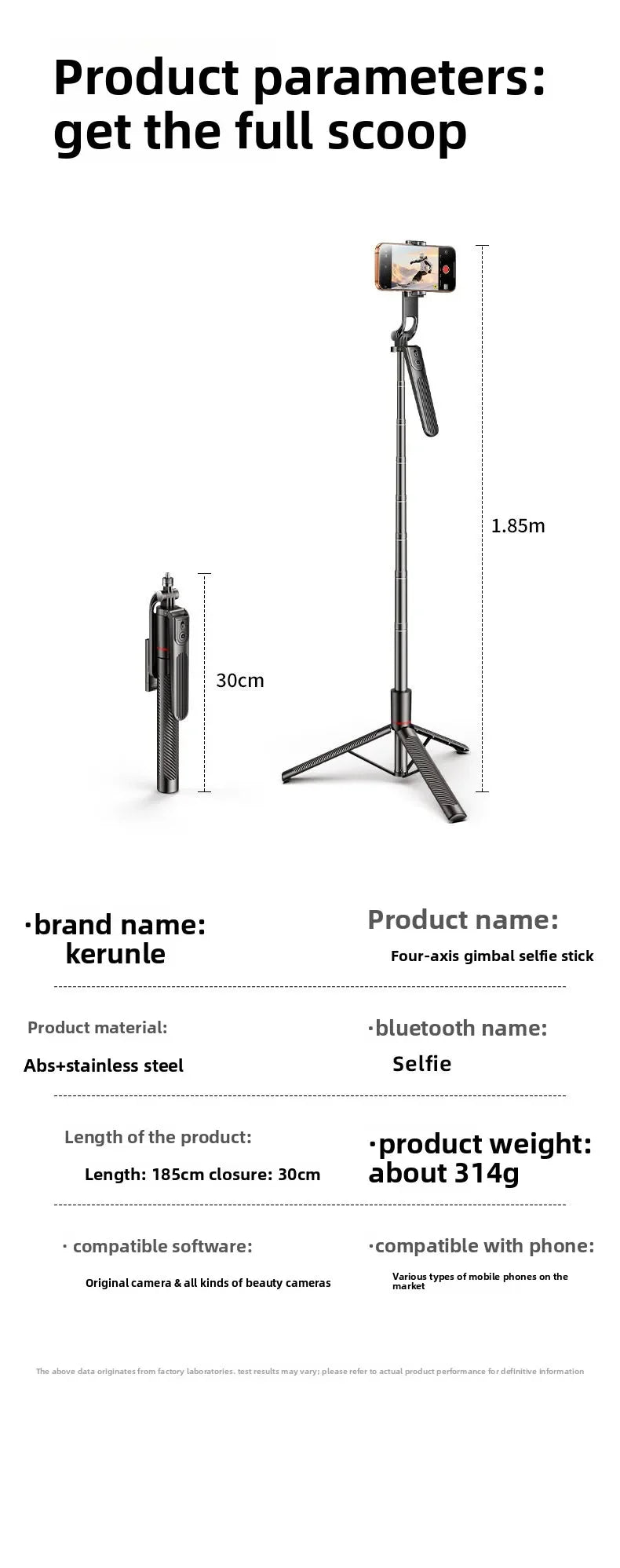 4-Axis Phone Selfie Stick Tripod 360° Anti-Shake 1.85m Extendable - 20m Bluetooth Remote for Vlog Live Streaming Travel