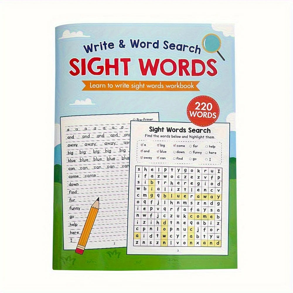 220 Sight Words Learning Workbook with Answer Key Educational Handwriting Sight Words Search Games for Age 3+ School Supplies