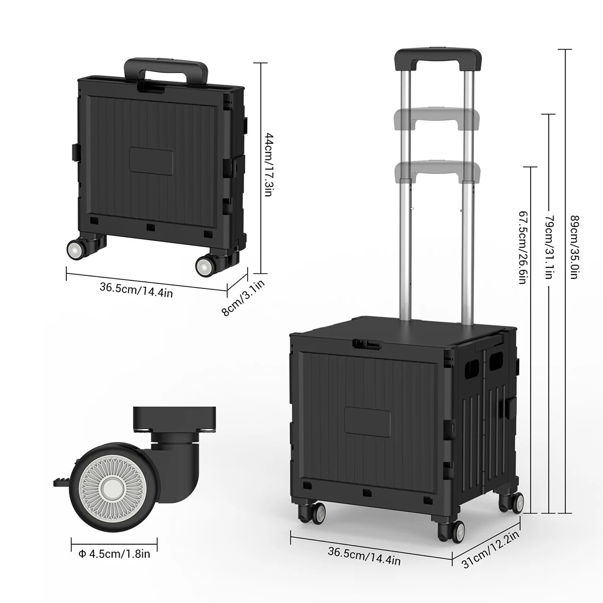 Folding Utility Cart Portable 360° Rolling Wheels Telescopic Handle Trolley Collapsible Shopping Box with Lid for Camping Office