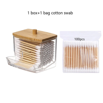 Cotton Swab Storage Box Double Head Cotton Buds Container Transparent Square Bamboo Cover Cotton Swab Toothpick Organize Box