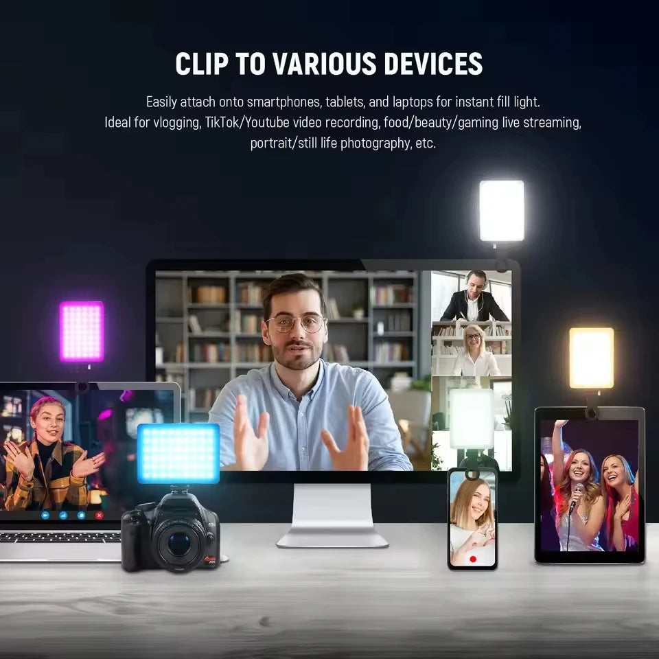 RGB LED Pocket Fill Light Mini Clip-On Rechargeable Video Light for Phone iPad Laptop Vlog Selfie Live Broadcast Photography