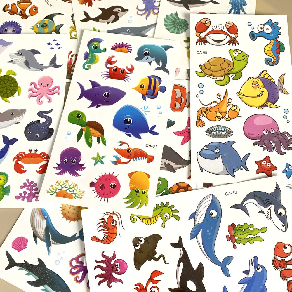 10Pcs Cartoon Temporary Tattoos for Hand Disposable Underwater World Crabs Dolphins Octopus Jellyfish Design Tattoos Sticker