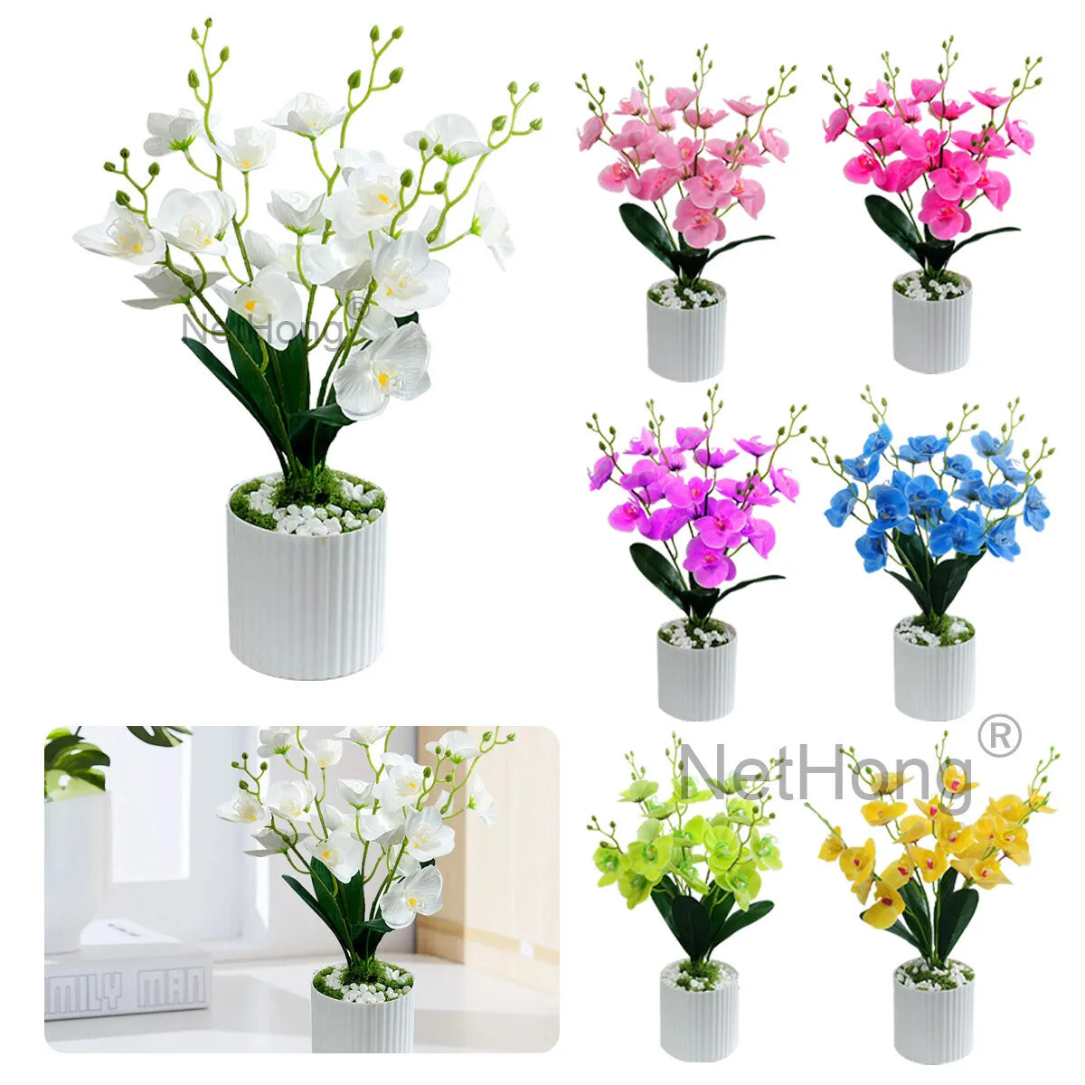 Artificial Flowers Potted 5-branched Phalaenopsis iron wire inside the branches