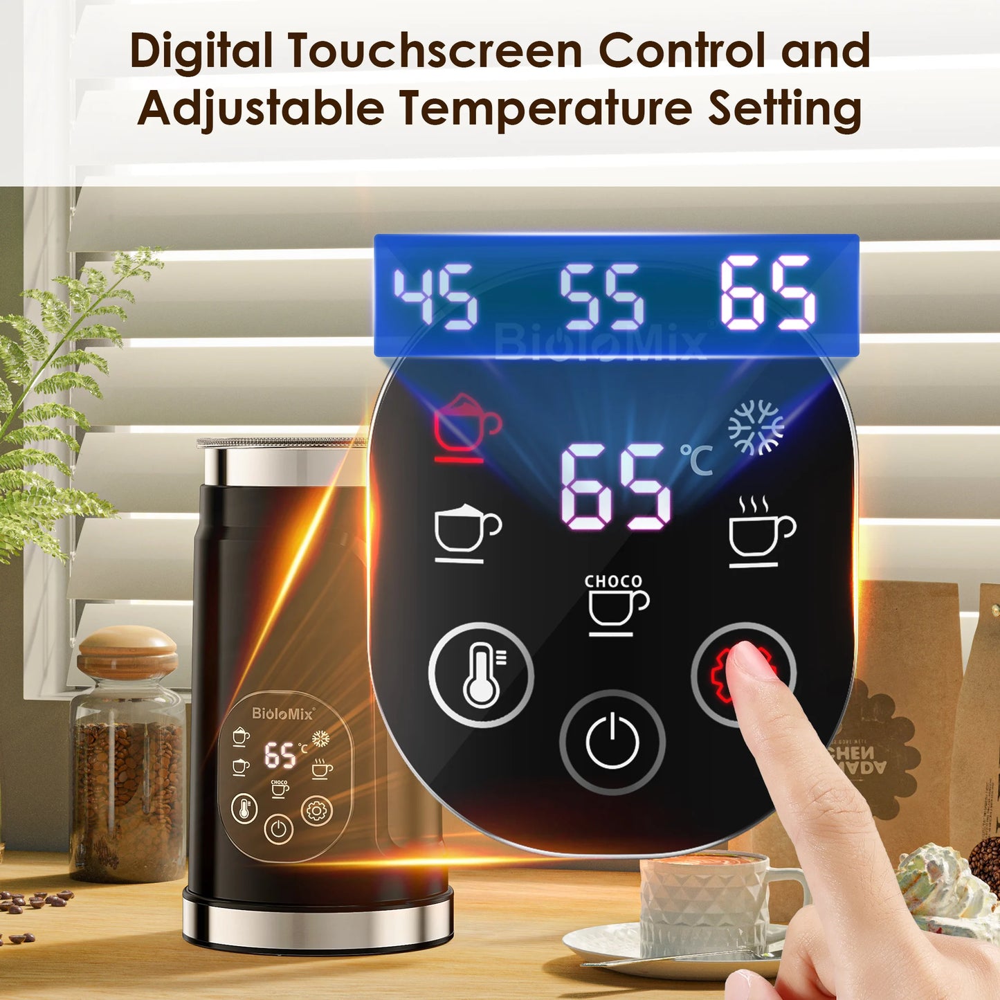 BioloMix Upgraded 5-in-1 LED Touch Screen Milk Frother for Lattes & Coffee, Hot And Cold Foam Maker