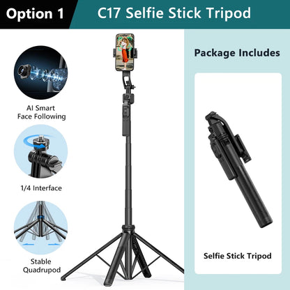 Tripod for Mobile Phone 360°Auto-Rotation Shooting C17 Quadrapod Selfie Stick Phone Stand AI Face Following, with Remote Control