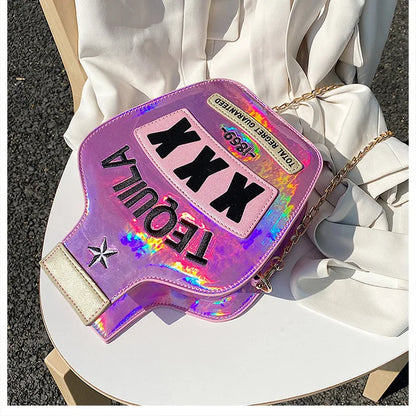 Ladies Fashion Creative Funny Personalized Laser Sequin Letter Wine Bottle Crossbody Shoulder Bag