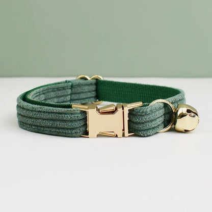 Personalized Corduroy Cat Collar with Engraved Name Plate, Bell & Bow Tie - Custom Breakaway Safety Collar