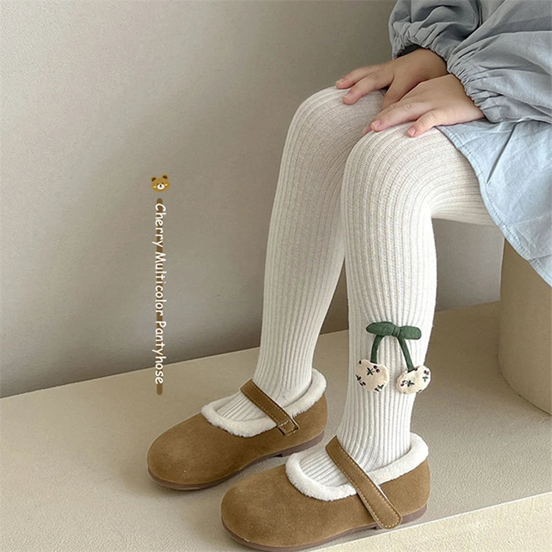 Girls Cotton Tights with Cherry Pattern - Soft Pantyhose for Kids Ages 2-10 Years