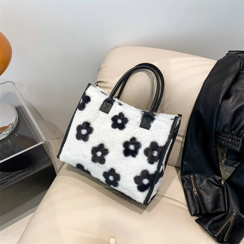 Winter Faux Fur ,Leopard Print Designer Shopper Totes, Fashion Soft Plush Women Shoulder Bags, Large Capacity Handbags and Purse